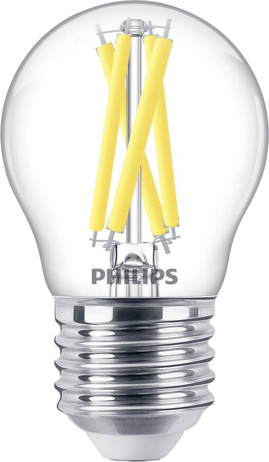 LED-Glühbirne mit Filament-Design, durchsichtiges Glas und silberner Fassung. Markenzeichen auf Glas. Energiesparend und modern.