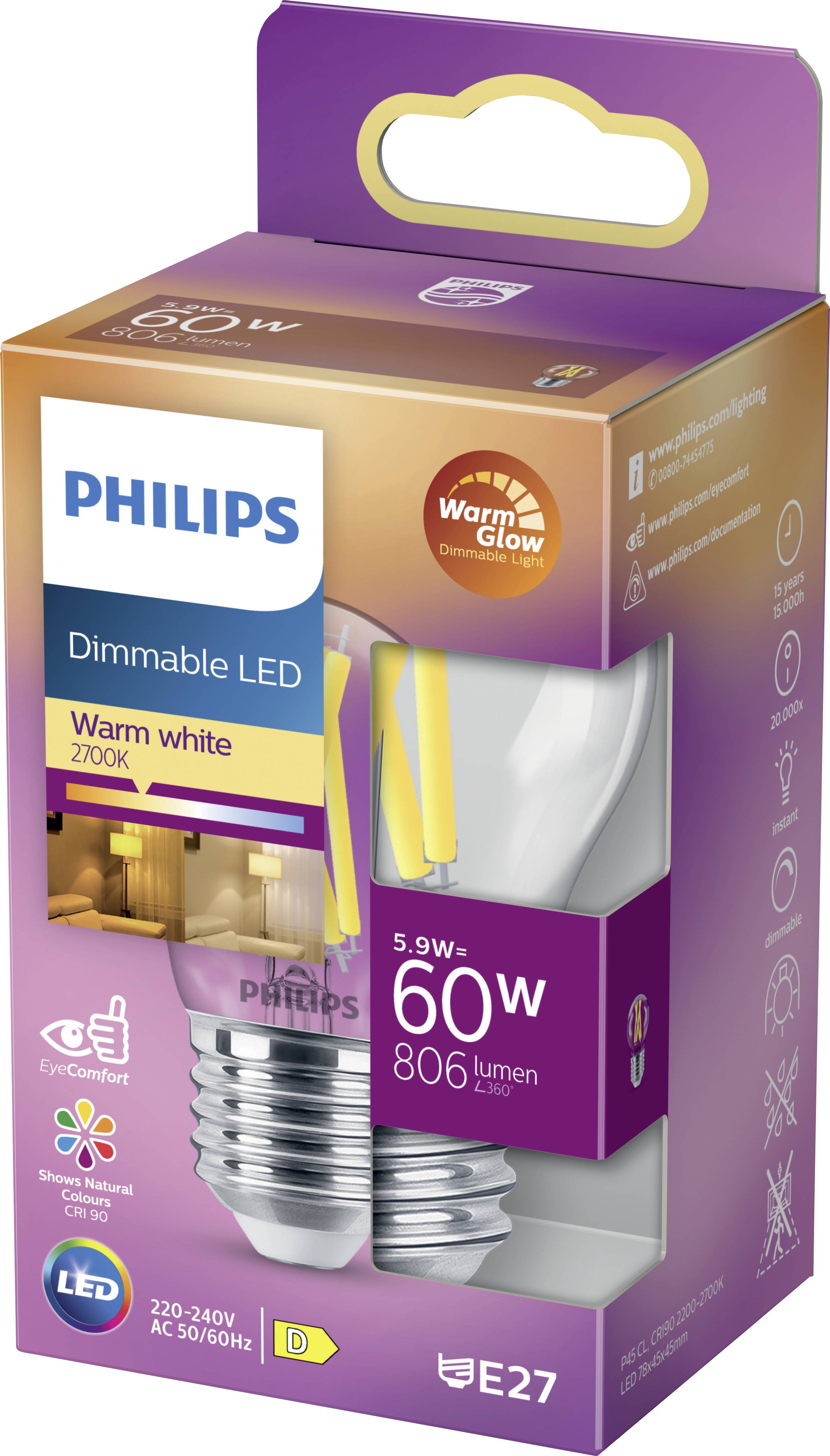 Verpackung von Philips dimmbarer LED-Glühbirne, 5,9W entspricht 60W. Warmes weißes Licht, E27, 806 Lumen.