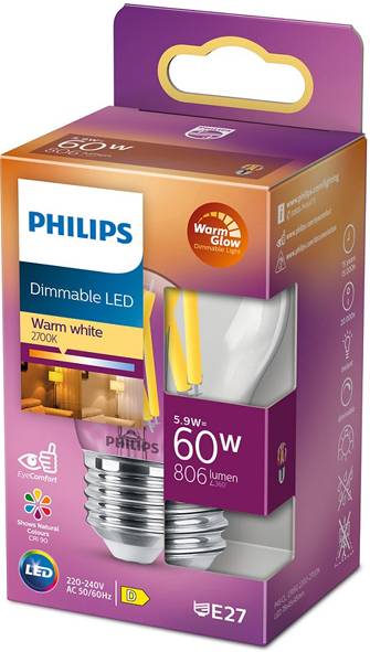 Eine Packung Philips dimmbare LED-Glühbirnen, warmweiß 2700K, 60W Äquivalent, 806 Lumen, mit warmem Glühen, E27-Sockel.