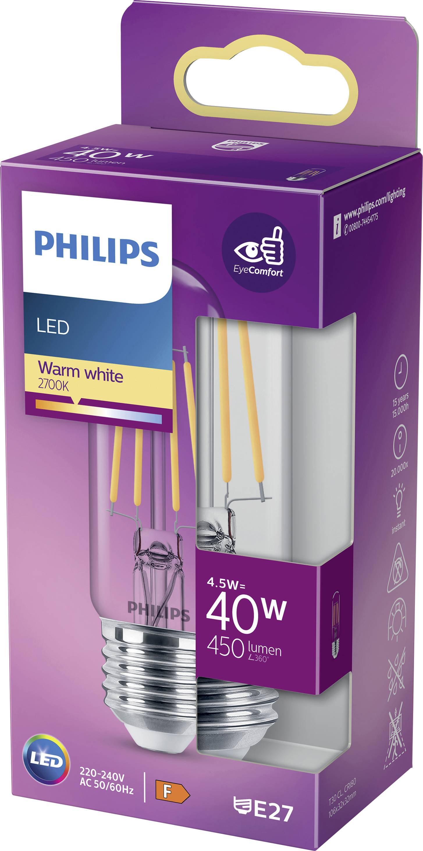 Philips LED 871951436136200 LED EEK F (A - G) E27 Stabform 4.5W = 40W Warmweiß (Ø x L) 32mm x 106mm 1St.