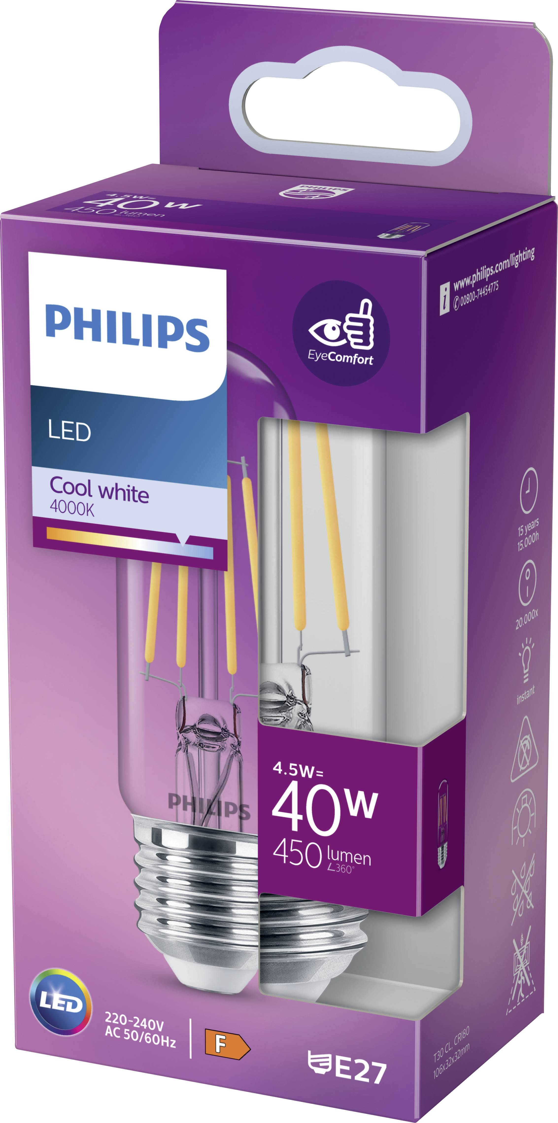 Philips LED 871951436136200 LED EEK F (A - G) E27 Stabform 4.5W = 40W Warmweiß (Ø x L) 32mm x 106mm 1St.