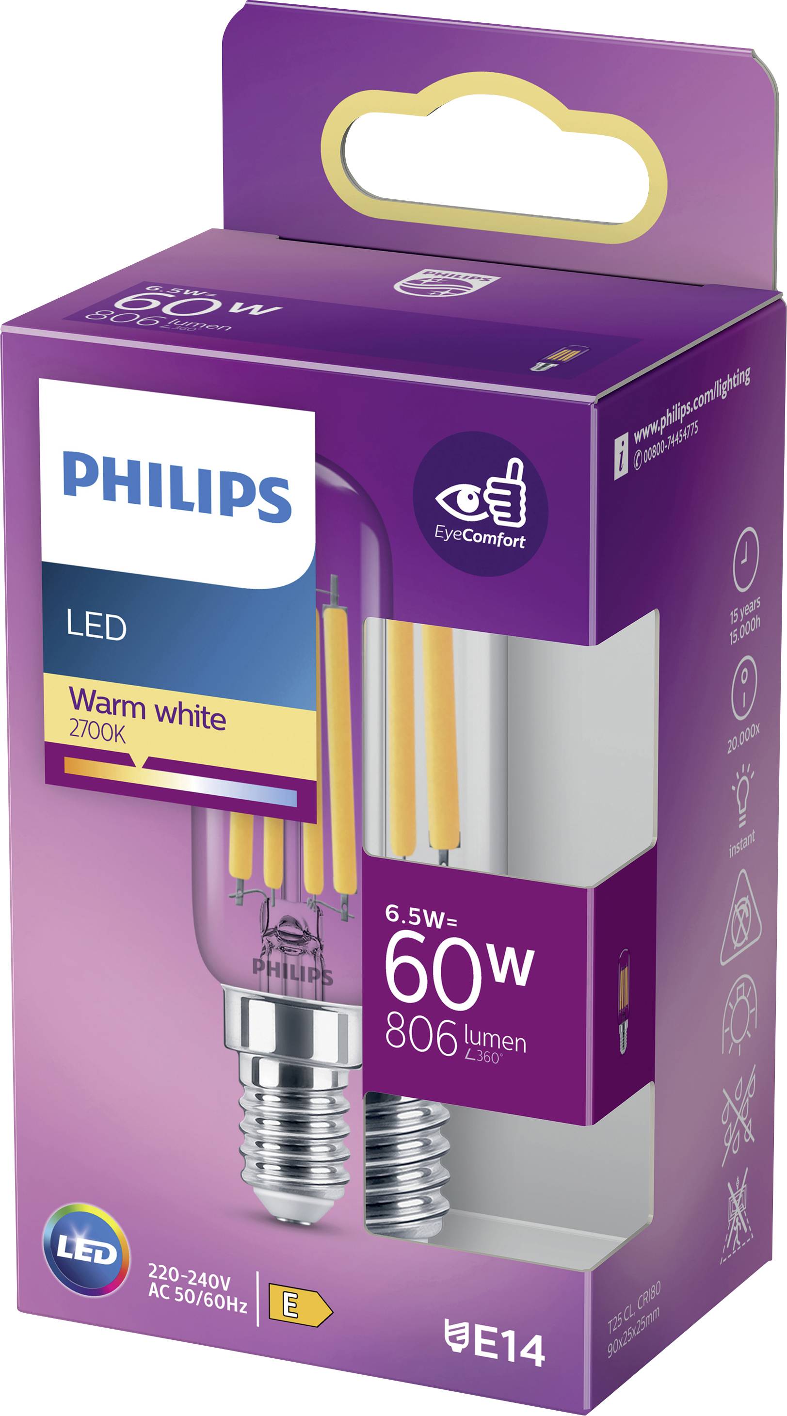 Philips LED 871951436146100 LED EEK E (A - G) E14 Stabform 6.5W = 60W Warmweiß (Ø x L) 25mm x 90mm 1St.