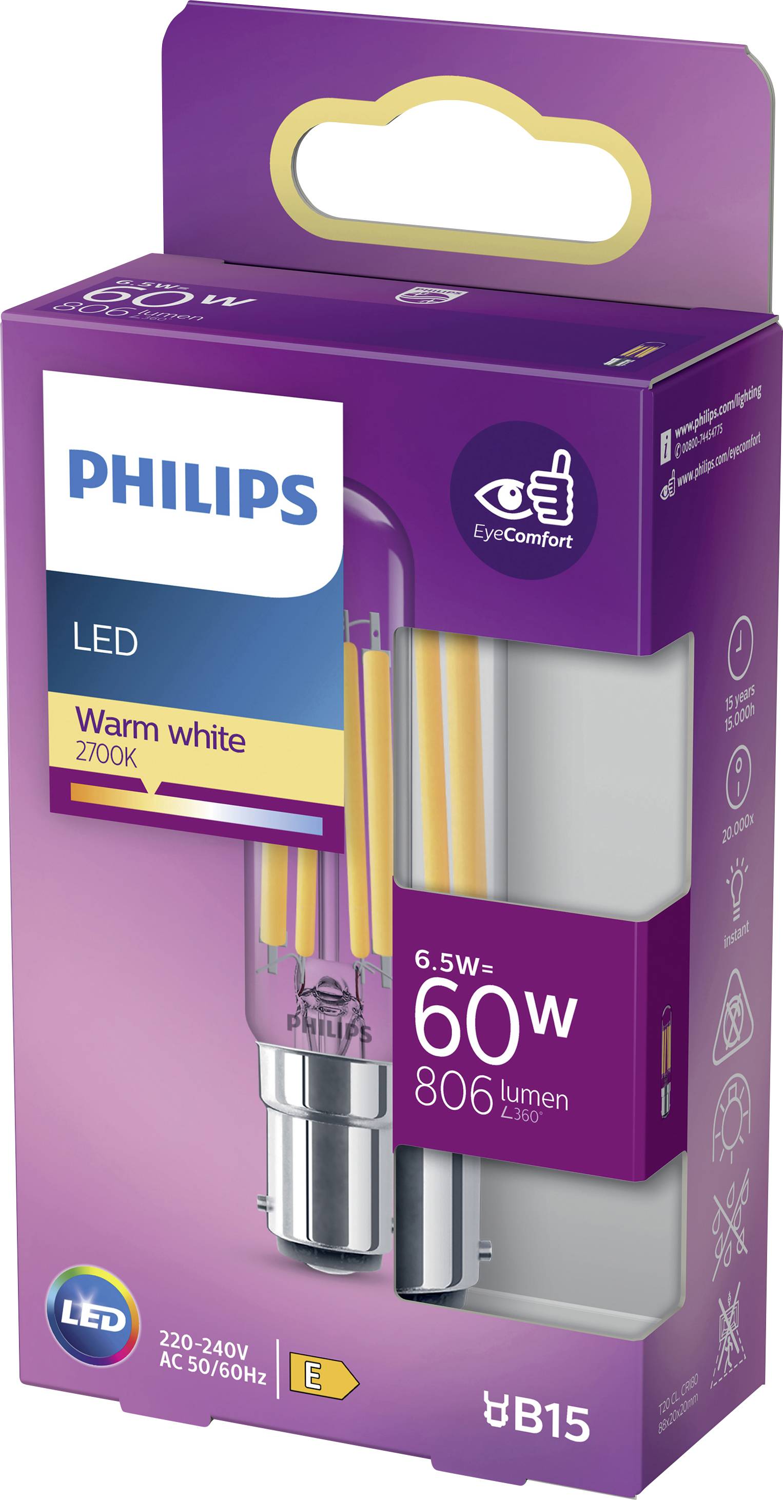 Philips Lighting 871951436144700 LED EEK E (A - G) B15d Stabform 6.5W = 60W Warmweiß (Ø x L) 20mm x 88mm 1St.