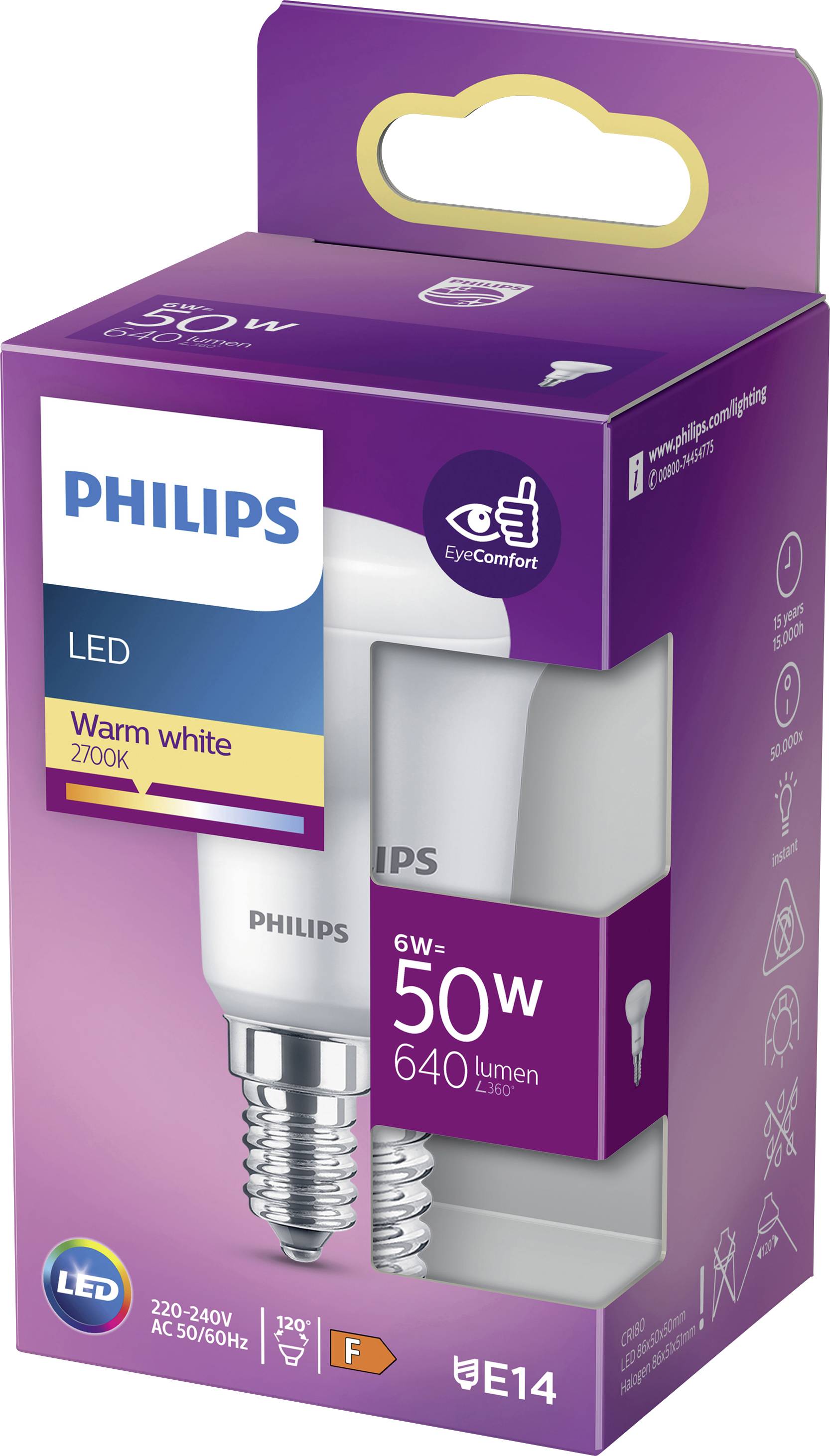Philips LED 6W (ersetzt 50W) Glühbirne, E14 Fassung, warmweiß 2700K, 640 Lumen, energieeffizient, EyeComfort-Technologie, A++.