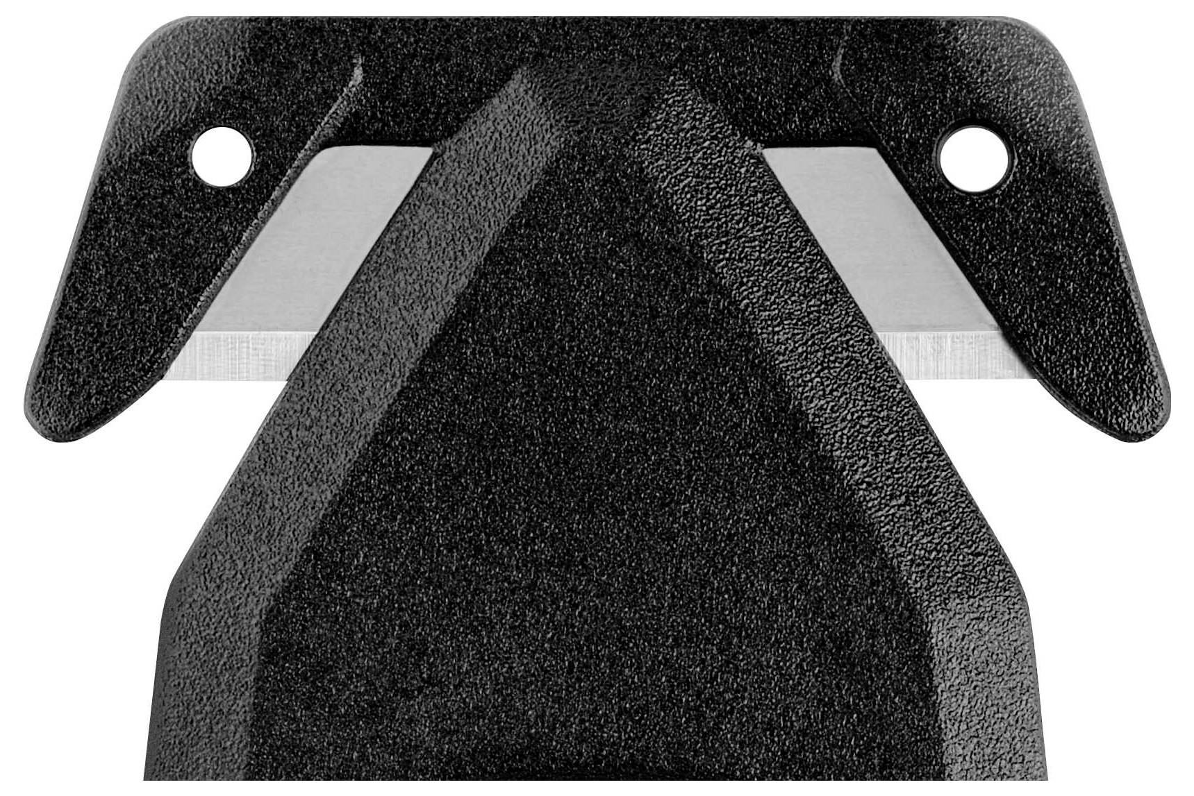 Das Bild zeigt die Nahaufnahme einer schwarzen Lack-Klinge mit Schraubenlöchern an den Ecken, die für einen Fenster-Trennwerkzeughalter konzipiert ist.