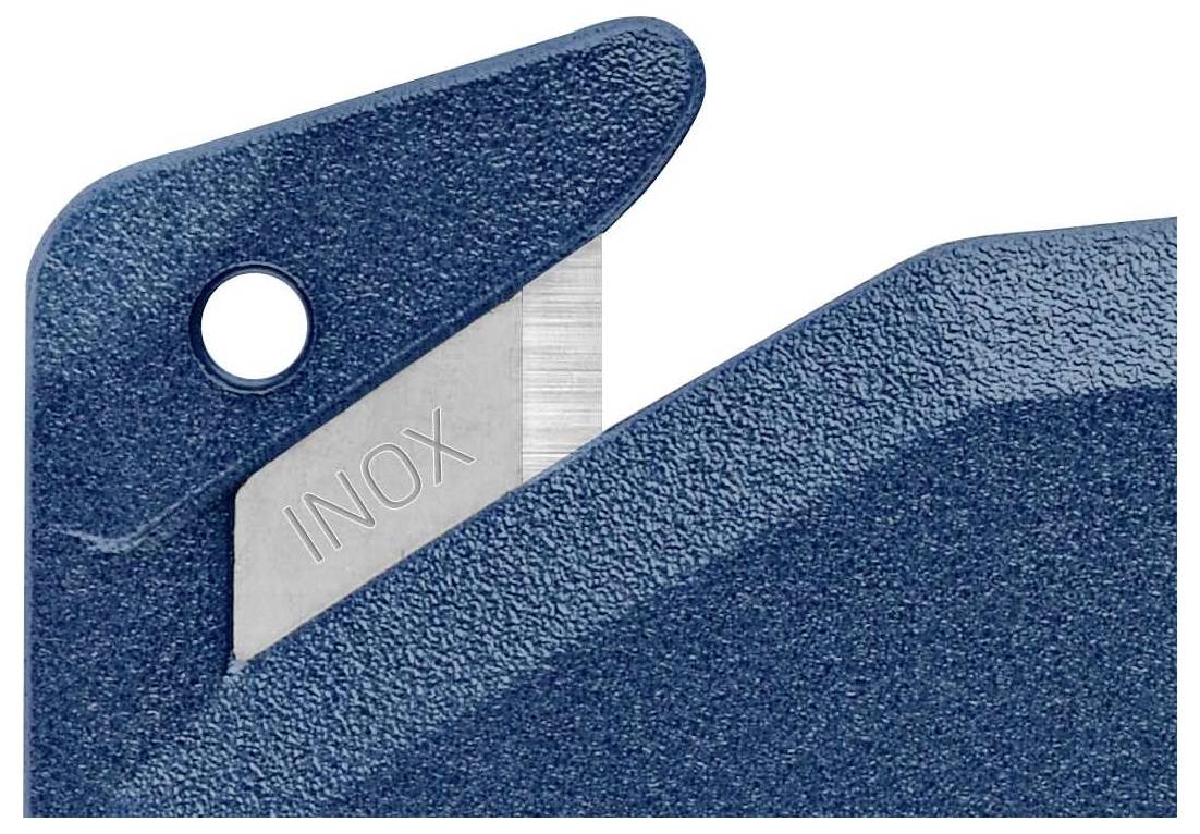 Ein blauer Sicherheitskartonöffner mit eingeklappter Edelstahlklinge.