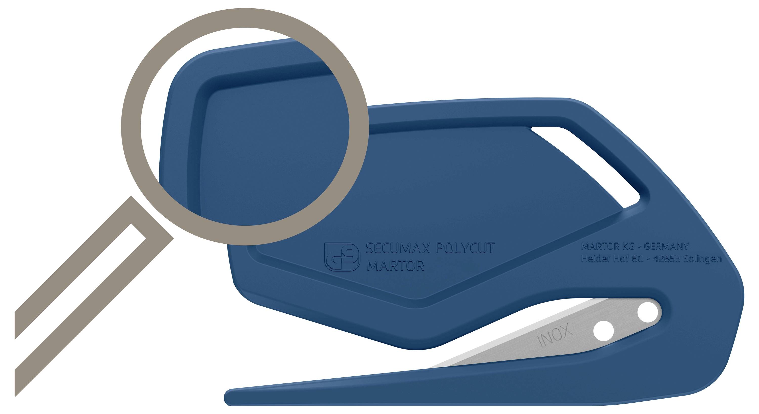 Ein blauer Sicherheitsmesser-Slider mit eingebauter Lupe zur detaillierten Überprüfung.