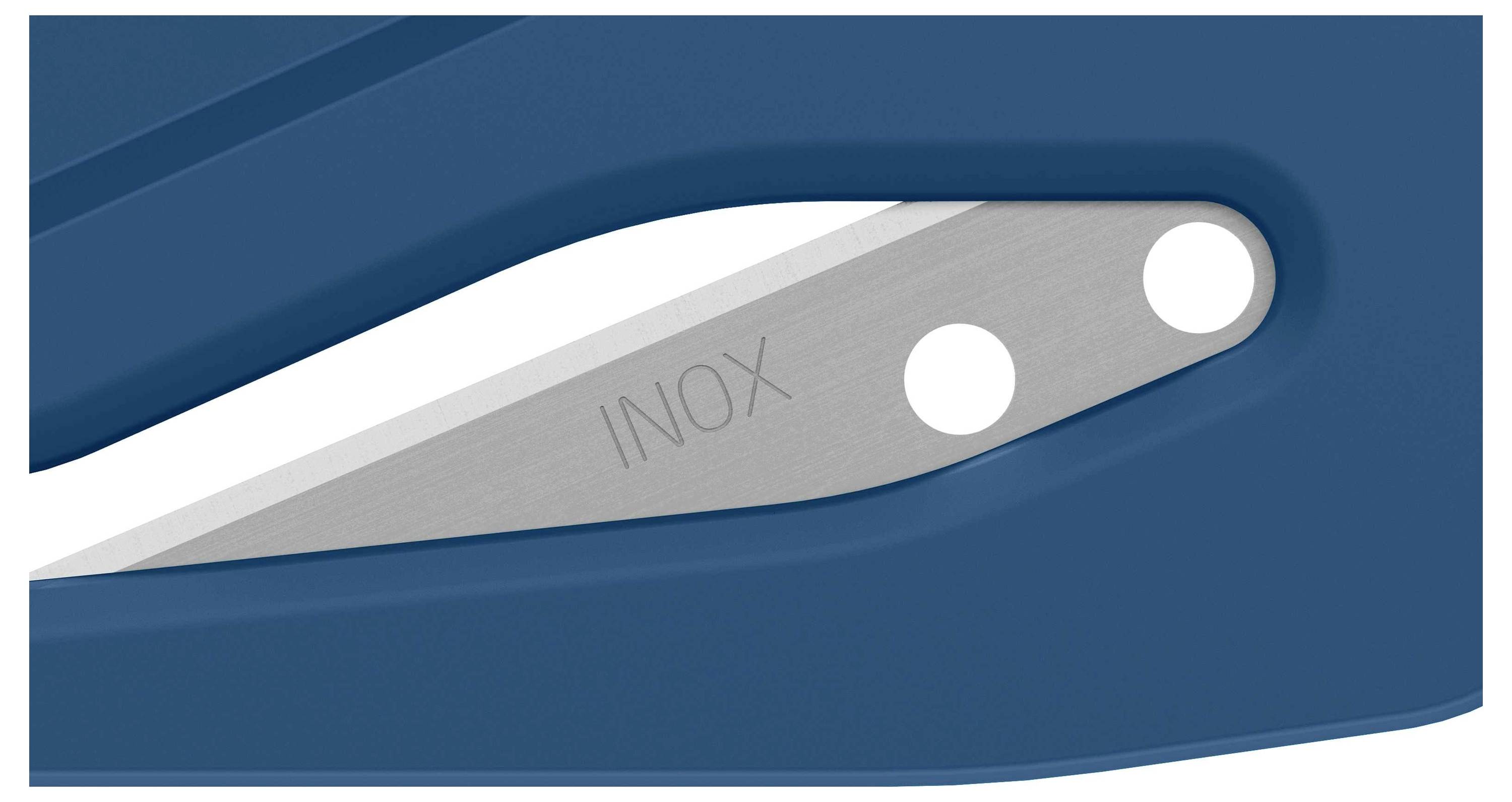 Abbildung eines blauen Brieföffners mit einer silbernen Klinge, die mit 'INOX' gekennzeichnet ist. Hintergrund ist weiß.