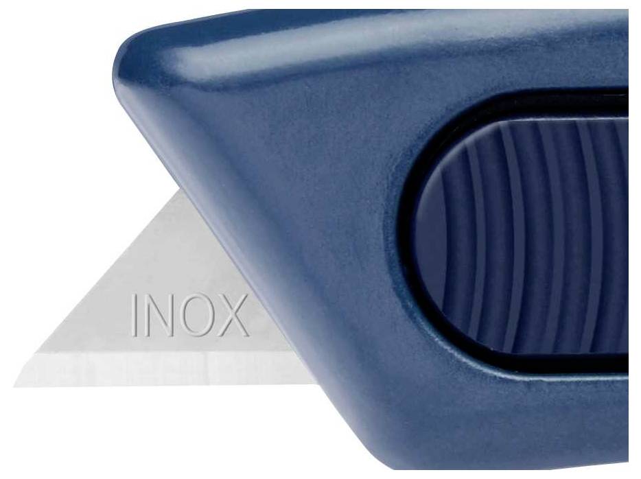 Abbildung eines blauen Cuttermessers mit herausragender Klinge, das Wort 'INOX' auf der Klinge ist sichtbar.