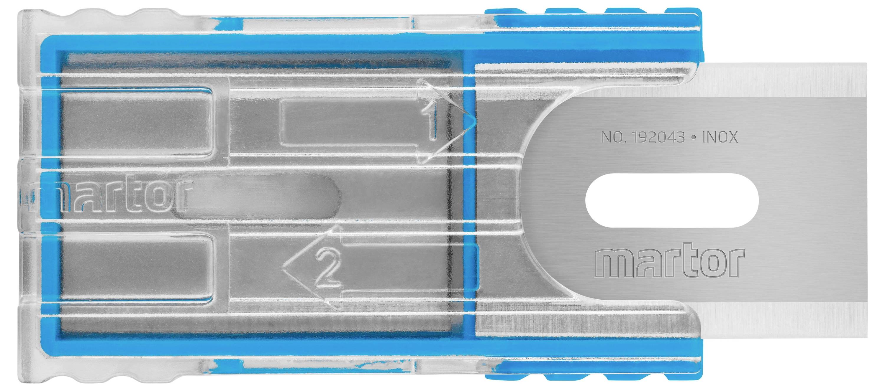 Ein Sicherheitsmesser mit blauem Griff und transparentem Schutz, zeigt eine sichtbare Klinge und Pfeile zur Nutzung.