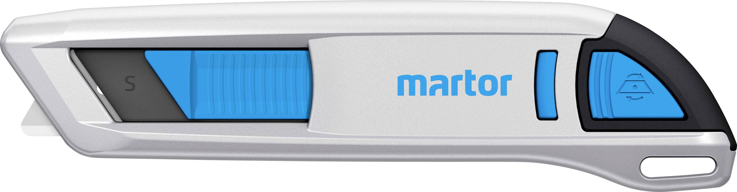 Ein silbernes und blaues Sicherheitsmesser mit einem Schieber und einer Sicherheitsklinge. Markenname 'martor' auf der Seite.