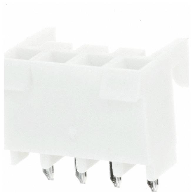 Ein runder, silberner Elektrostecker mit acht kreisförmigen Stiftlöchern, die in zwei Reihen angeordnet sind, eingebettet in eine rote Isolierung auf der Kontaktseite.