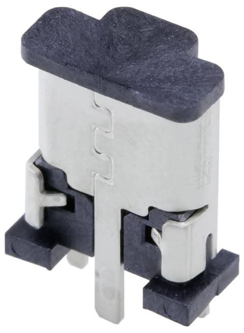 Ein Nahaufnahmebild eines kleinen elektronischen Bauteils mit Gehäuse aus Metall und Kunststoff, das häufig für elektrische Verbindungen oder Schaltkreise verwendet wird.