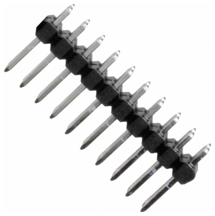 Drei vergoldete Stiftleisten mit schwarzen Kunststoffbasen, abgewinkelten Metallbeinen, verwendet für elektronische Verbindungen auf Leiterplatten.