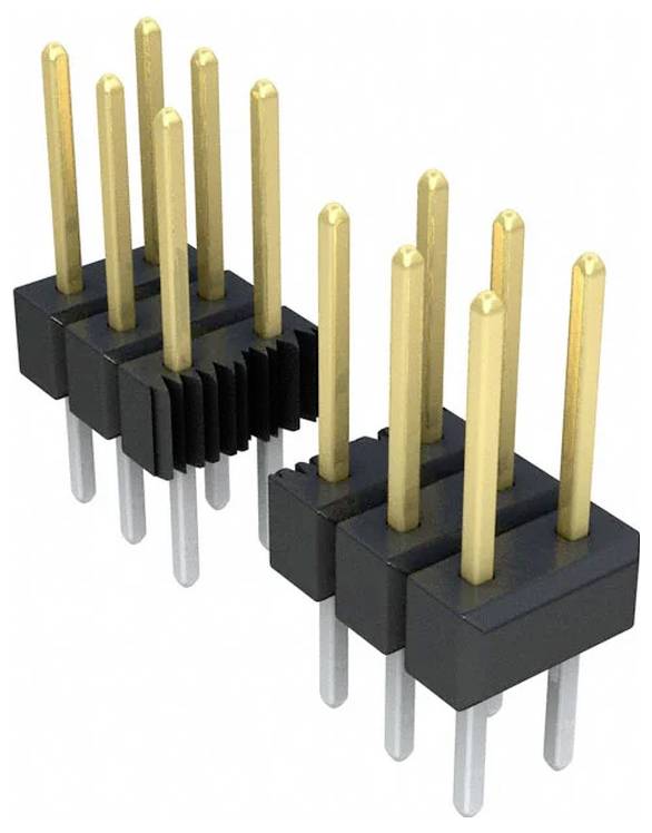 Ein Paar 90-Grad-Winkel-Doppelreihen-Stiftleisten mit vergoldeten Stiften und schwarzen Kunststoffbasen, die zum Verbinden elektronischer Komponenten verwendet werden.