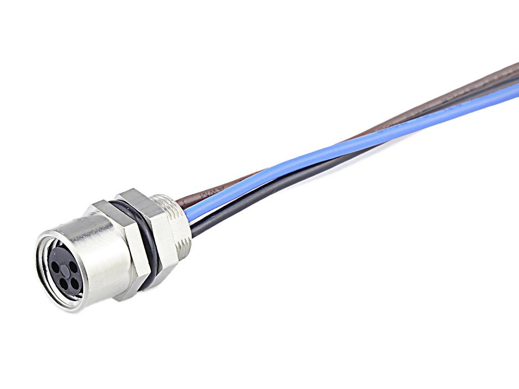 Metallischer runder Steckverbinder mit vier farbigen Drähten: schwarz, blau, braun, grau.