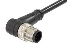 Ein schwarzer, gewinkelter Stecker mit metallischem Gewinde und drei goldenen Kontaktstiften an einem Kabel.