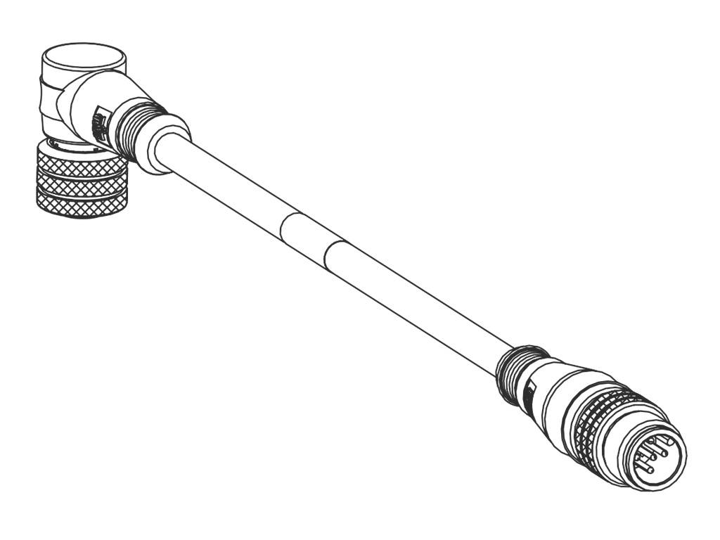 Zeichnung eines Kabels mit abgewinkeltem Stecker links und geradem Stecker rechts, beide Rundstecker mit mehreren Pins.