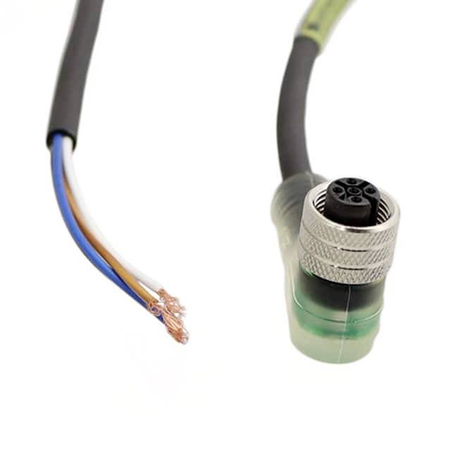 Ein schwarz-ummanteltes Kabel mit offenliegenden Kupferdrähten und einem runden, silbern ummantelten Stecker am Ende.
