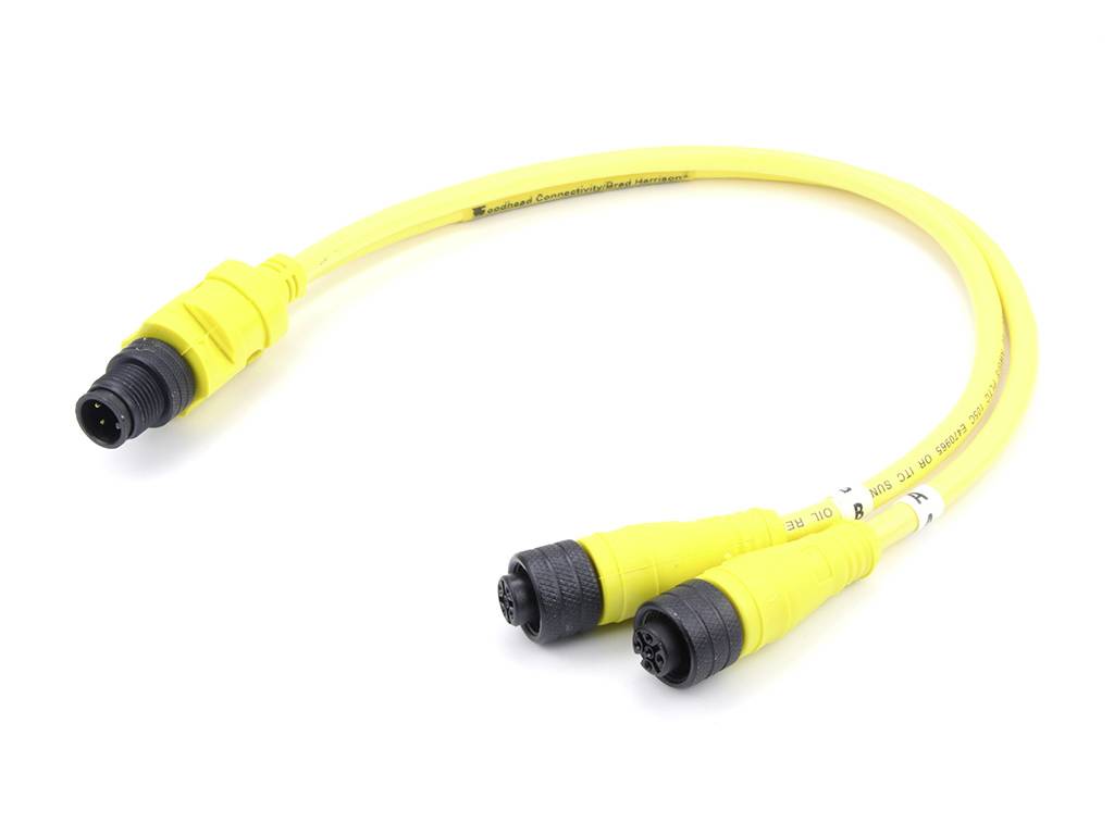 Gelbes Y-Kabel mit drei runden Steckverbindern, zwei weiblichen und einem männlichen Anschluss, für industrielle Anwendungen.