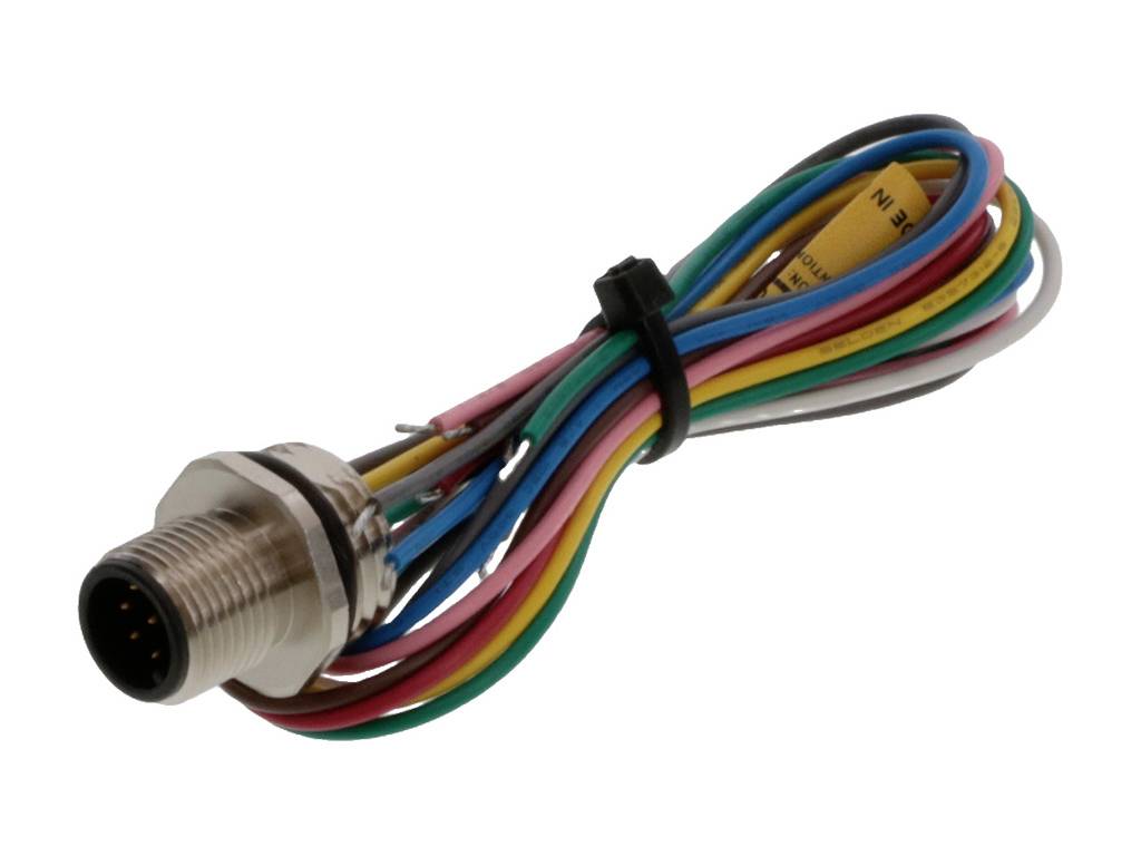 Eine elektrische Steckverbindung mit bunten Kabeln, gebündelt und angeschlossen an einen runden Metallstecker.