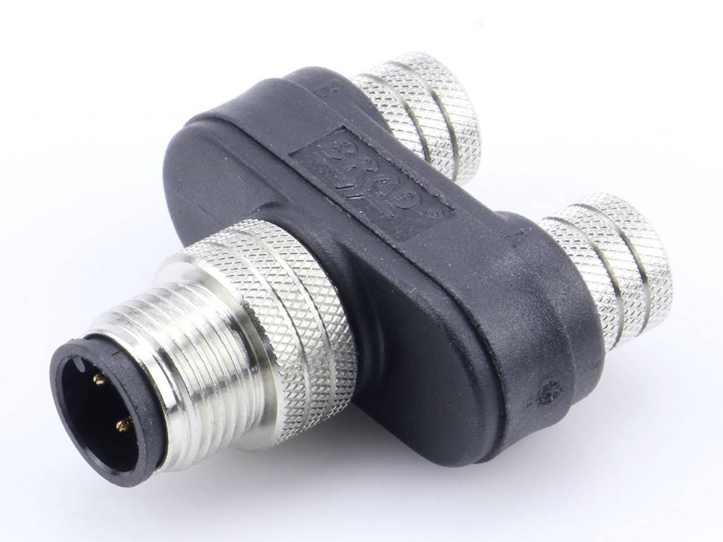 Das Bild zeigt einen elektrischen Y-Adapterstecker mit einem schwarzen Kunststoffgehäuse und silbernen Metallkontakten, geeignet für industrielle Anwendungen.