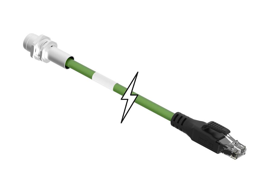 Grünes Netzkabel mit Steckern an beiden Enden und Blitzsymbol in der Mitte, das auf Spannung oder elektrische Verbindung hinweist.