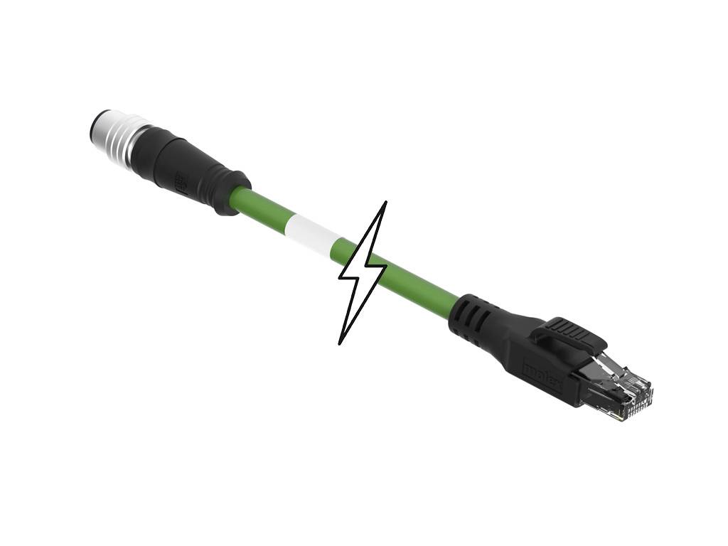 Ein grünes Kabel mit einem Blitzsymbol verbindet einen XLR-Stecker links mit einem RJ45-Stecker rechts.