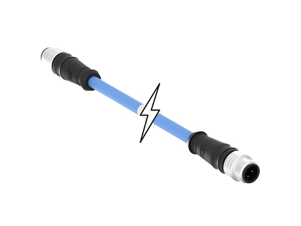 Ein blauer Kabeladapter mit schwarzen Steckverbindern an beiden Enden. Ein Blitzsymbol in der Mitte deutet auf Stromfluss hin.