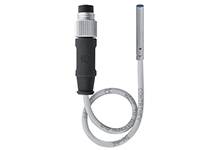 Ein Sensor mit schwarzem Anschlussstecker und grauem Kabel. Der Sensor hat einen zylindrischen Kopf und wird vermutlich für Temperaturmessungen verwendet.
