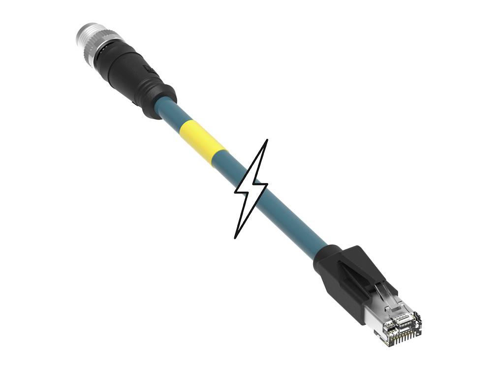 Ein grün-gelbes Ethernet-Kabel mit einem Blitzsymbol in der Mitte, das schnelle Datenübertragung oder Netzwerkverbindung symbolisiert.