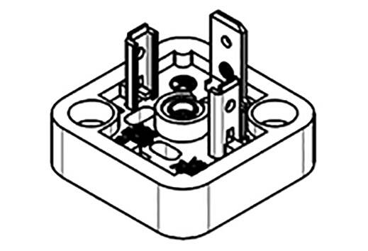 Zeichnung eines elektrischen Bauteils, möglicherweise eines Steckersockels, mit zwei Hauptkontakten und zwei Befestigungspunkten.