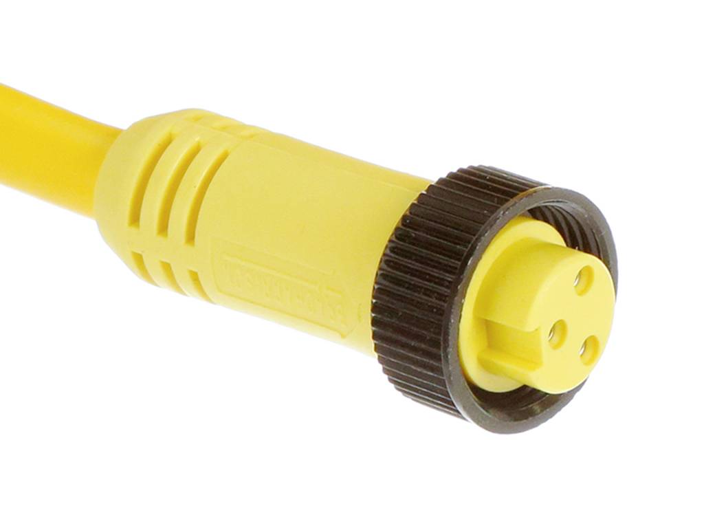 Gelbes M12-Steckverbinder-Kabel mit drei Kontaktpins, geeignet für industrielle Verbindungen und Sensoren.