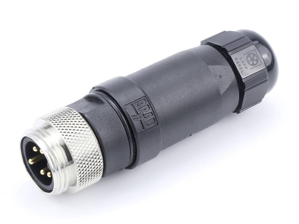 Ein schwarzer, zylindrischer Stecker mit Metallgewinde an einem Ende und drei goldenen Stiften, die zur Verbindung dienen.
