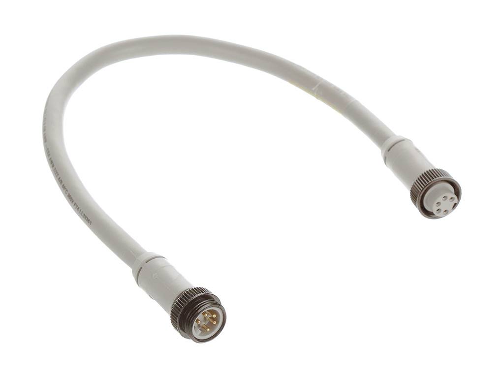 Ein graues Kabel mit zwei verschiedenen Steckverbindern an den Enden liegt auf weißem Hintergrund.