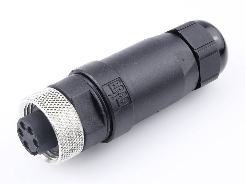 Ein schwarzer, zylindrischer Stecker mit einer Metallkappe. Er hat mehrere Pins und wird für industrielle Anwendungen verwendet.