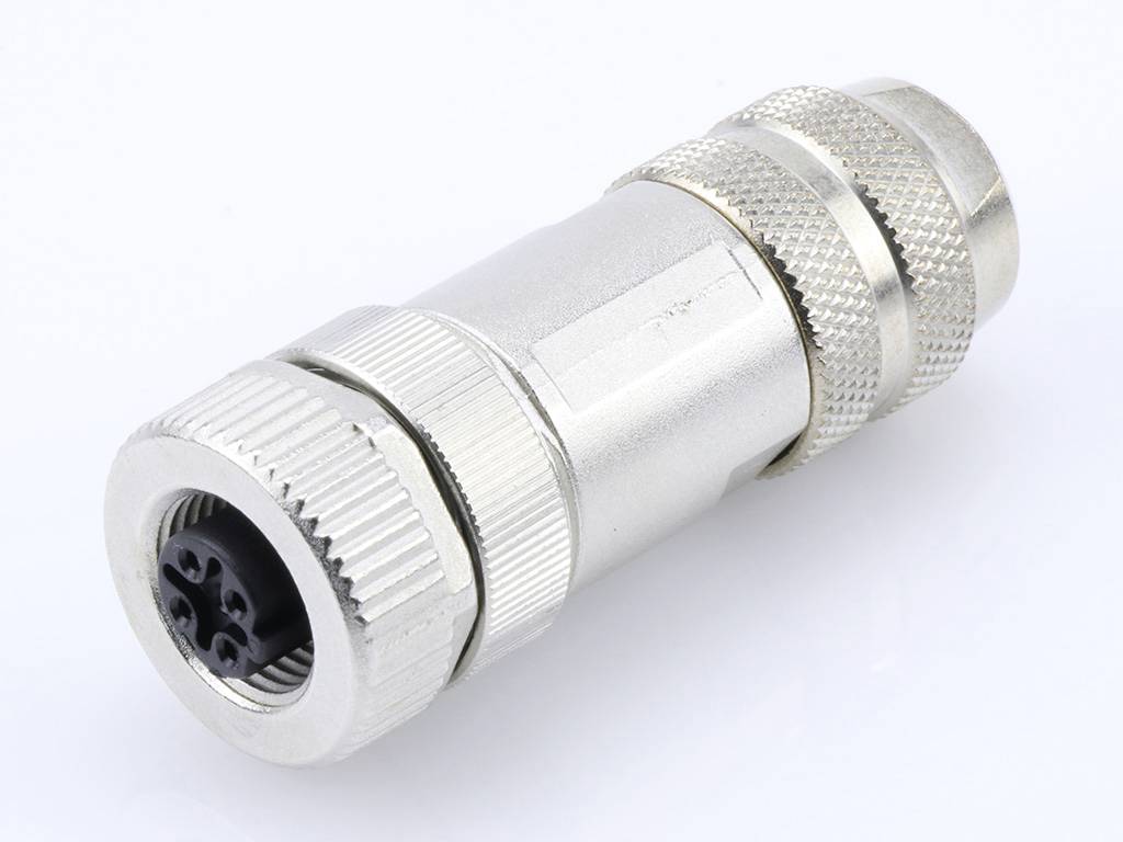 Metallischer Stecker mit mehreren Pins und einem geriffelten Griff, geeignet für industrielle oder technische Anwendungen.