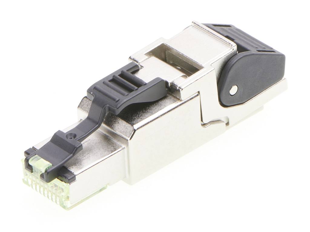 Ein abgeschirmter RJ45-Stecker mit Metallgehäuse und Kunststoffclip. Geeignet für Netzwerkkabel-Installationen.