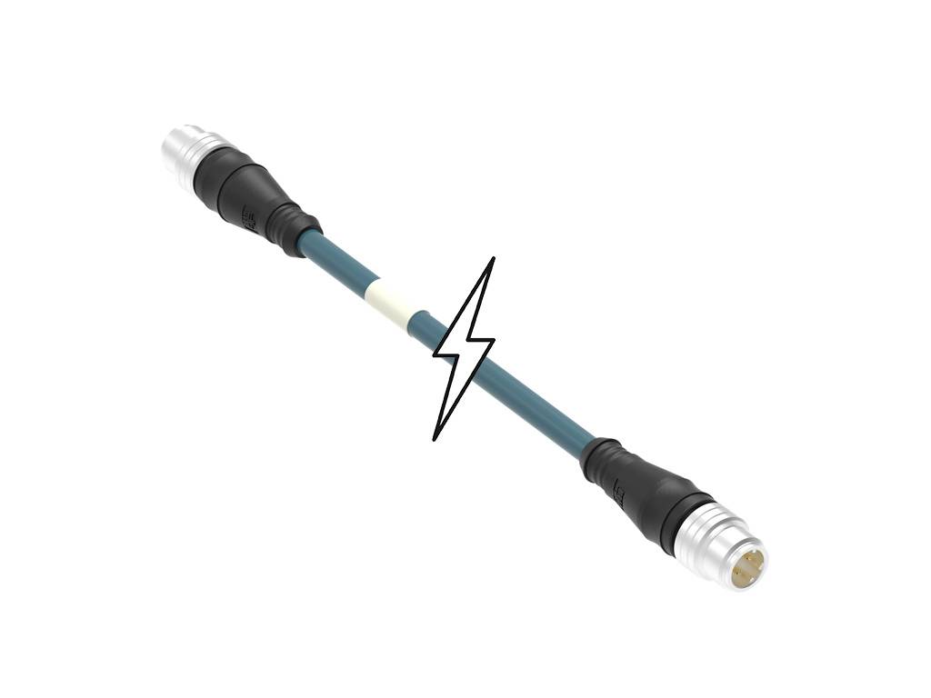 Ein flexibles grünes Kabel mit silbernen Steckern an beiden Enden und einem Blitzsymbol in der Mitte.