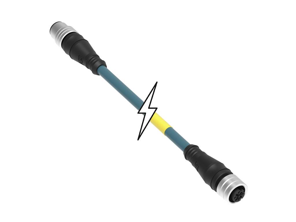 Kabel mit schwarzem und blauem Mantel, Enden mit Metallanschlüssen. Ein Blitzsymbol in der Mitte deutet auf eine elektrische Verbindung hin.