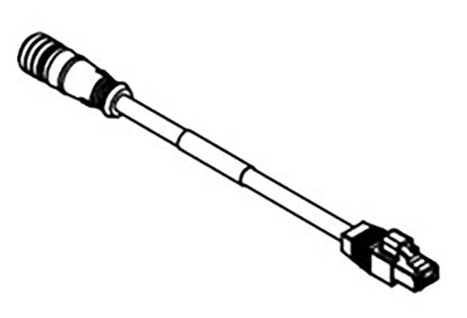 Ein einfaches Schwarz-Weiß-Diagramm zeigt ein Kabel mit einem Stecker an einem Ende und einem anderen Anschluss am anderen Ende.