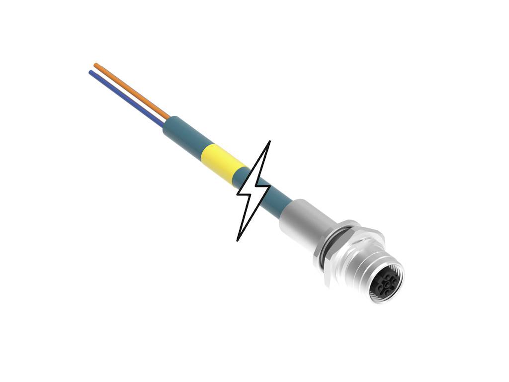 Ein elektrischer Kabelstecker mit Drähten in verschiedenen Farben, symbolisiert Stromfluss durch ein Blitzsymbol in der Mitte.