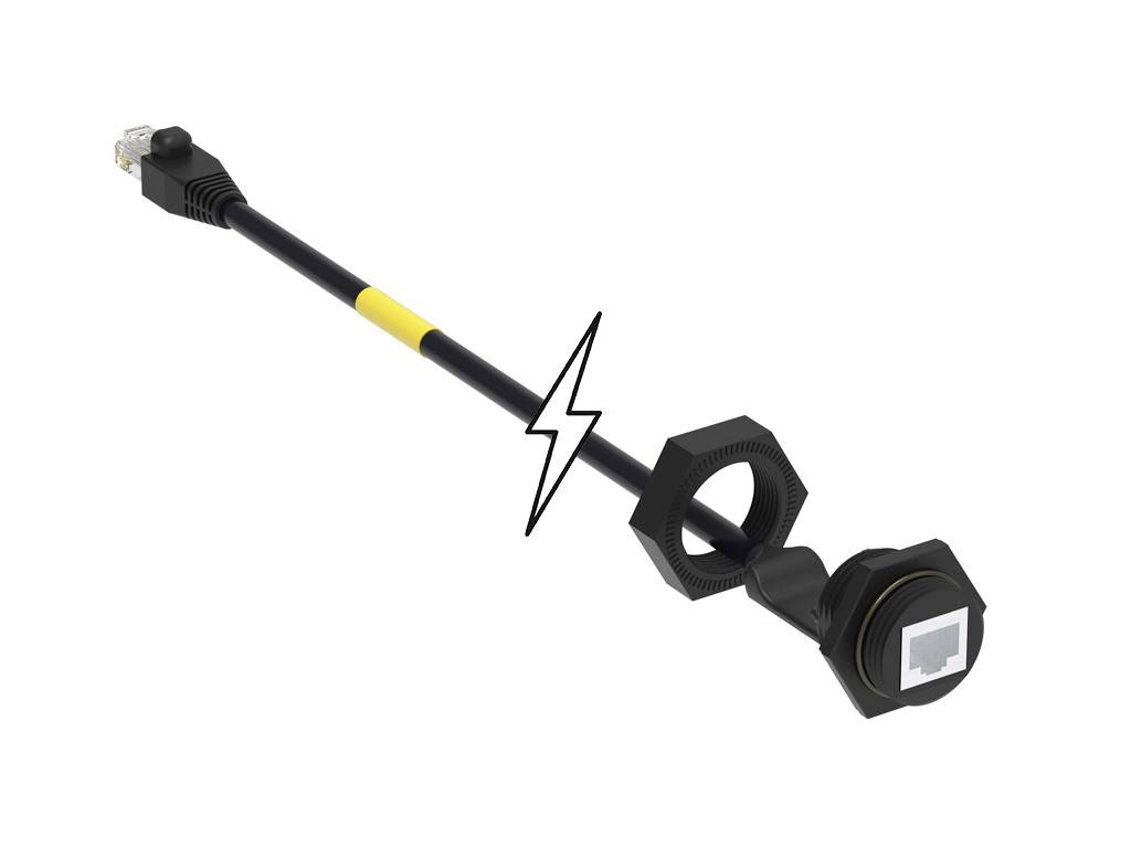 Ein Ethernet-Kabel mit Blitzsymbol zeigt die Verbindung oder Verstärkung einer Netzwerkverbindung an.