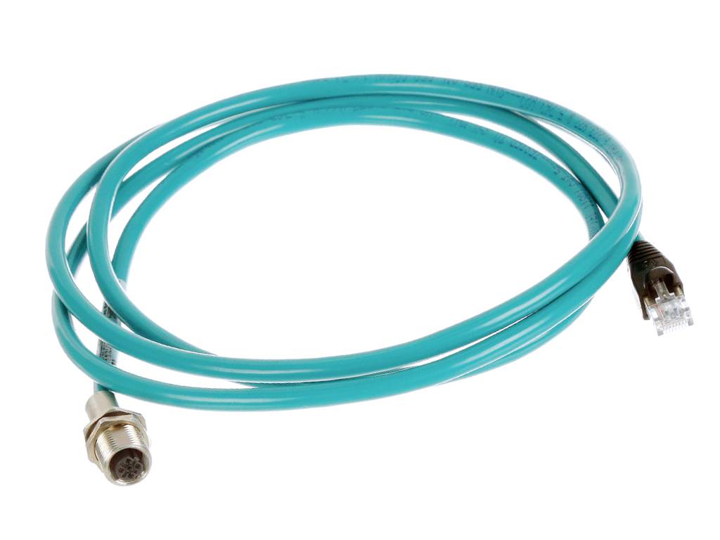 Ein türkisfarbenes Kabel mit einem achtpoligen Stecker auf der einen und einem RJ45-Stecker auf der anderen Seite, auf weißem Hintergrund.