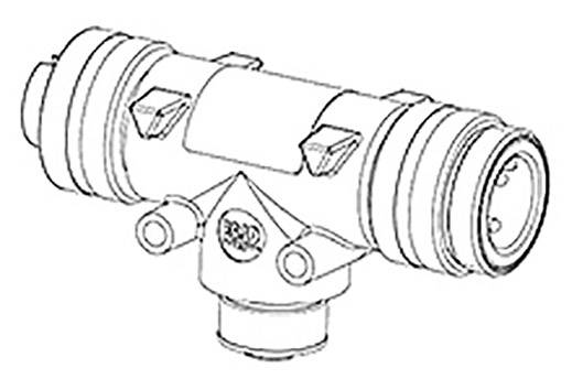 Ein technisches Diagramm eines zylinderförmigen mechanischen Bauteils mit mehreren Befestigungspunkten und einem zentralen Anschluss.