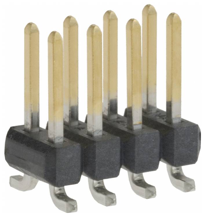 Ein 6-poliger Steckverbinder mit schwarzer Kunststoffbasis und vergoldeten Kontakten, der für elektrische Verbindungen auf einer Leiterplatte verwendet wird.