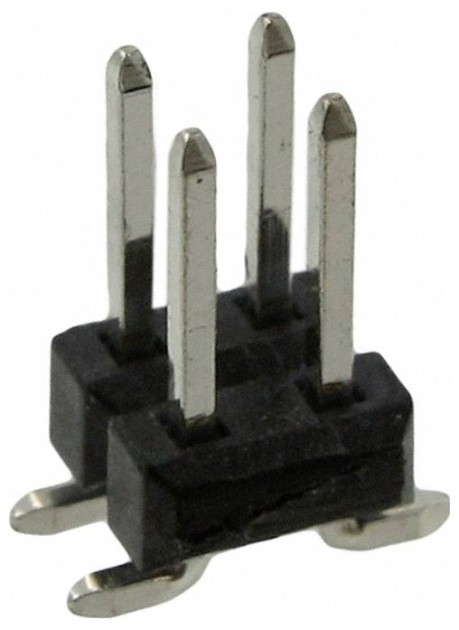 Eine Nahaufnahme eines 4-poligen elektronischen Stiftleisten-Steckers mit schwarzem Kunststoffgehäuse und silbernen Metallstiften, der für elektrische Verbindungen auf einer Leiterplatte verwendet wird.