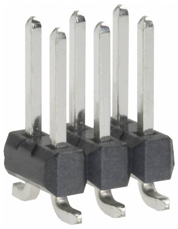 Ein 90-Grad-4-Pin-Steckerleiste mit abgewinkelten Kontakten zur Leiterplattenmontage, mit schwarzer Kunststoffbasis und silbernen Metallkontakten.