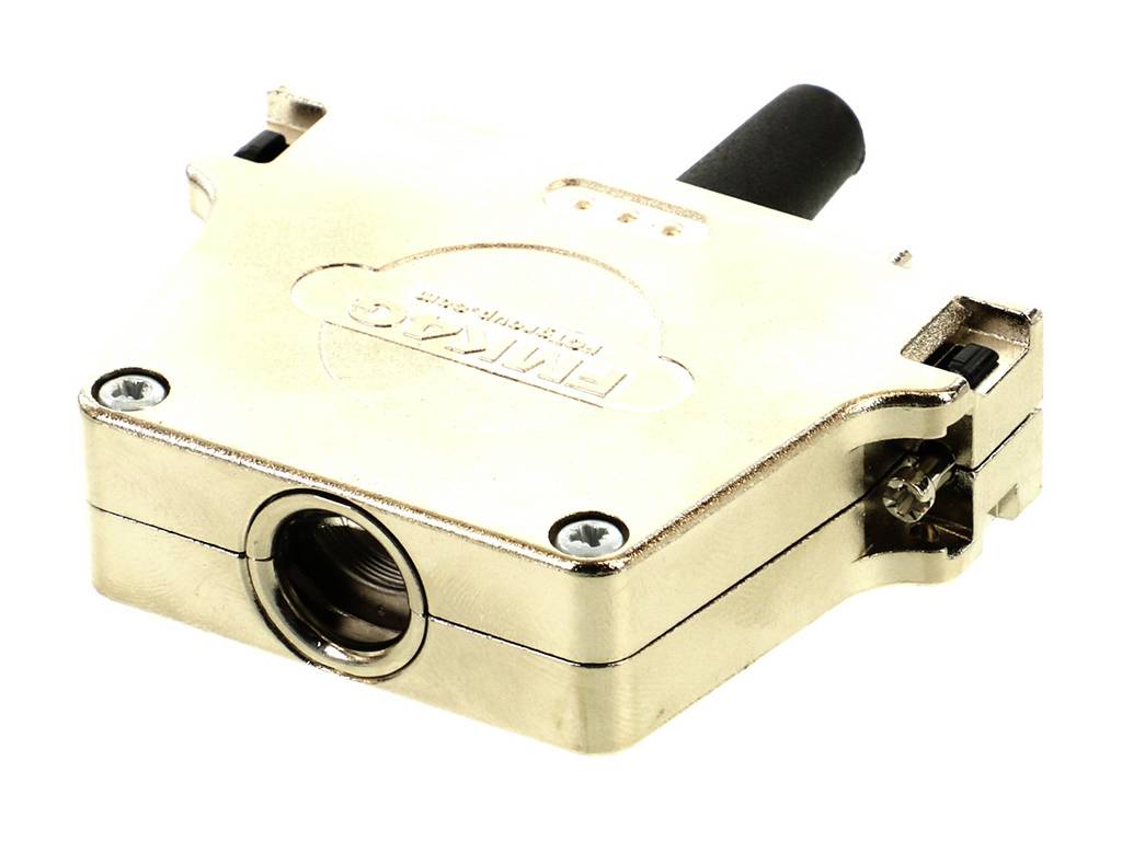 Eine goldfarbene Metallkomponente mit mehreren Schrauben und einem Rohrstutzen.