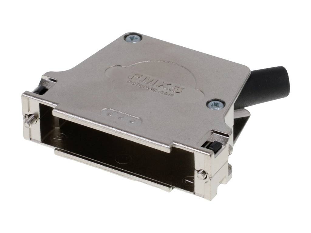 Metallischer D-Sub-Stecker, rechteckige Form, zwei Schrauben, schwarzes Kabel hinten. Verwendung in elektrischen Verbindungen.